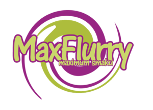 Logo MaxFlurry: napis 'MaxFlurry' z podtytułem 'maximum smaku' otoczony fioletowymi i zielonymi okręgami.