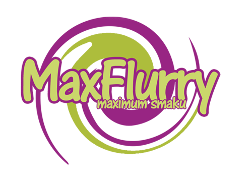 Logo MaxFlurry: napis 'MaxFlurry' z podtytułem 'maximum smaku' otoczony fioletowymi i zielonymi okręgami.