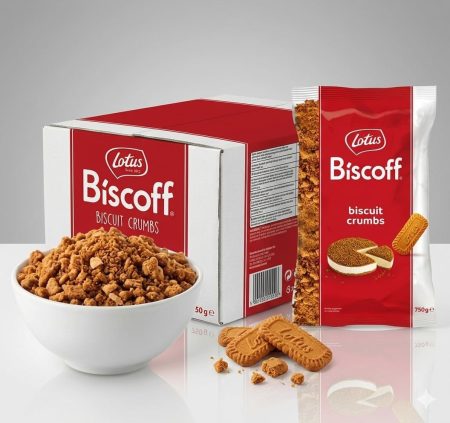 Biscotti Lotus w opakowaniach 50g i 750g oraz w misce z kruszonką