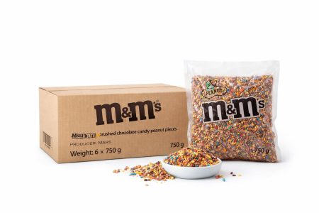 Pudełko i opakowanie M&M's Peanut 750g z kruszonymi czekoladkami i orzechami, oraz miseczka z zawartością