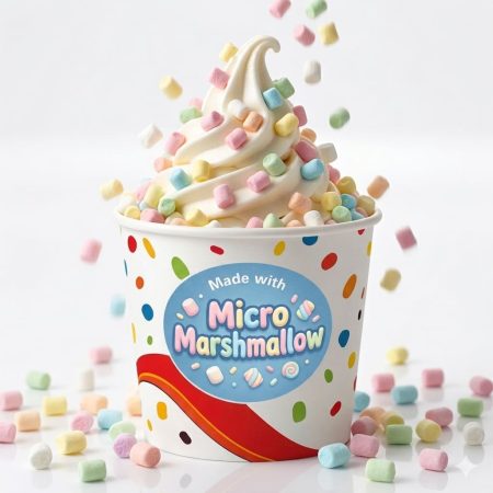 Kubek lodów z bitą śmietaną i mikro marshmallow, idealny deser letni.