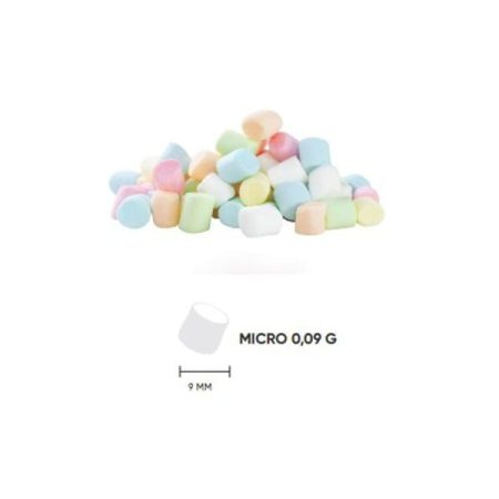 Stos kolorowych mini marshmallow o wadze 0,09g każdy, idealne do dekoracji napojów i deserów.