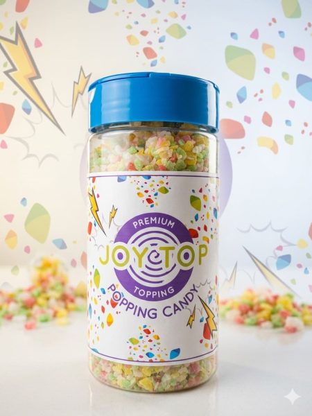 Słoik z kolorowym JoyTop Popping Candy, cukierkami, które pękają w ustach, idealne do dekoracji i zabawy.