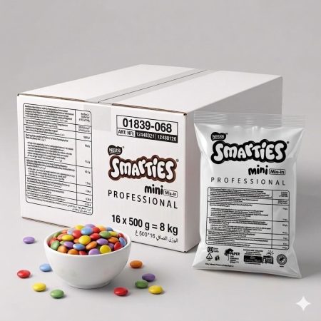 Opakowanie Smarties Mini Professional 16 x 500g oraz rozłożone słodycze w misce