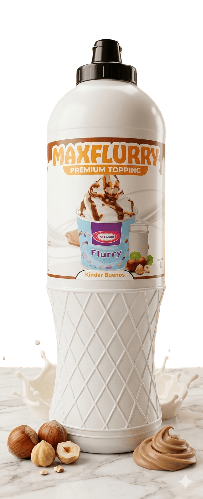 Butelka sosu Max Flurry Kinder Bueno do lodów, z orzechami i polewą czekoladową