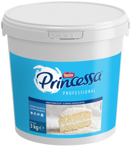 Wiaderko kremu Princessa Professional o smaku kokosowym Nestle, 3 kg, idealny do dekoracji ciast.