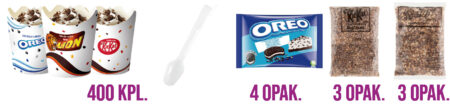 Zdjęcie różnych opakowań ciasteczek Oreo: w wafelkach, paczce 4 sztuki oraz workach Big Chunk 3 sztuki.